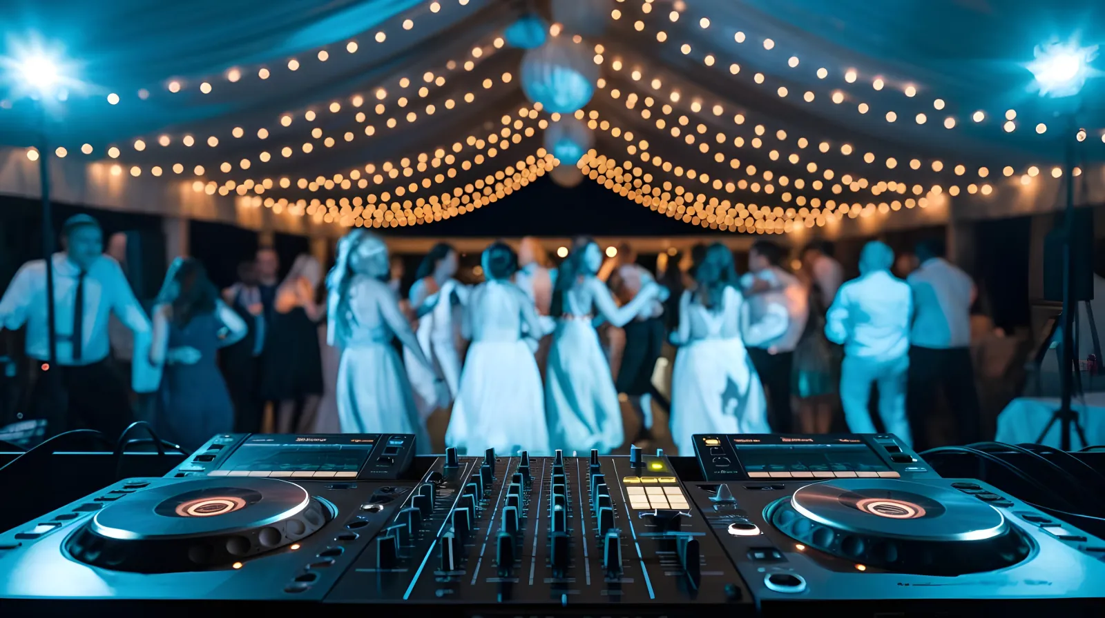 Mesa de mezclas y pista de baile iluminada en una boda de noche