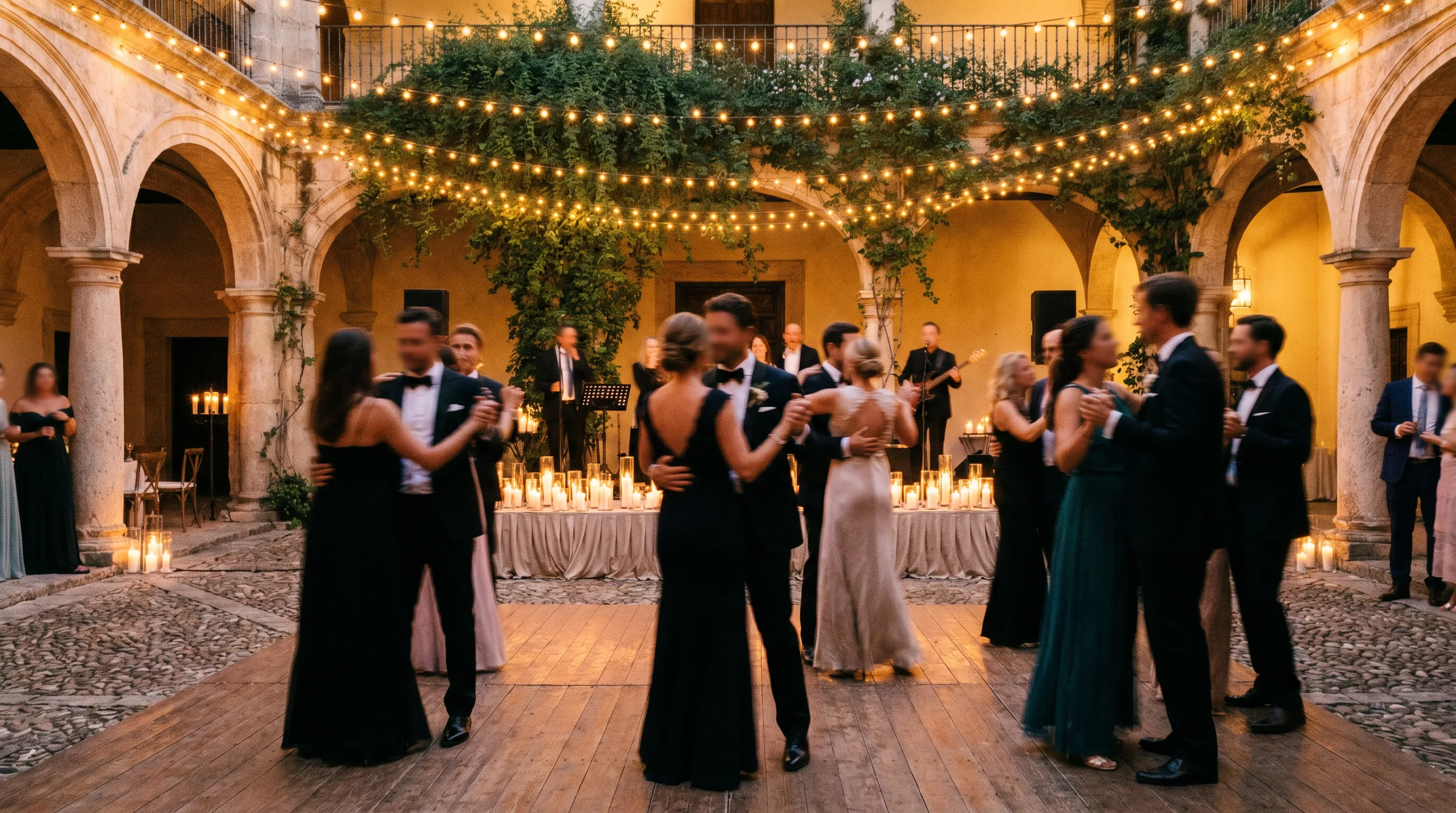 Pista de baile iluminada durante una boda de noche